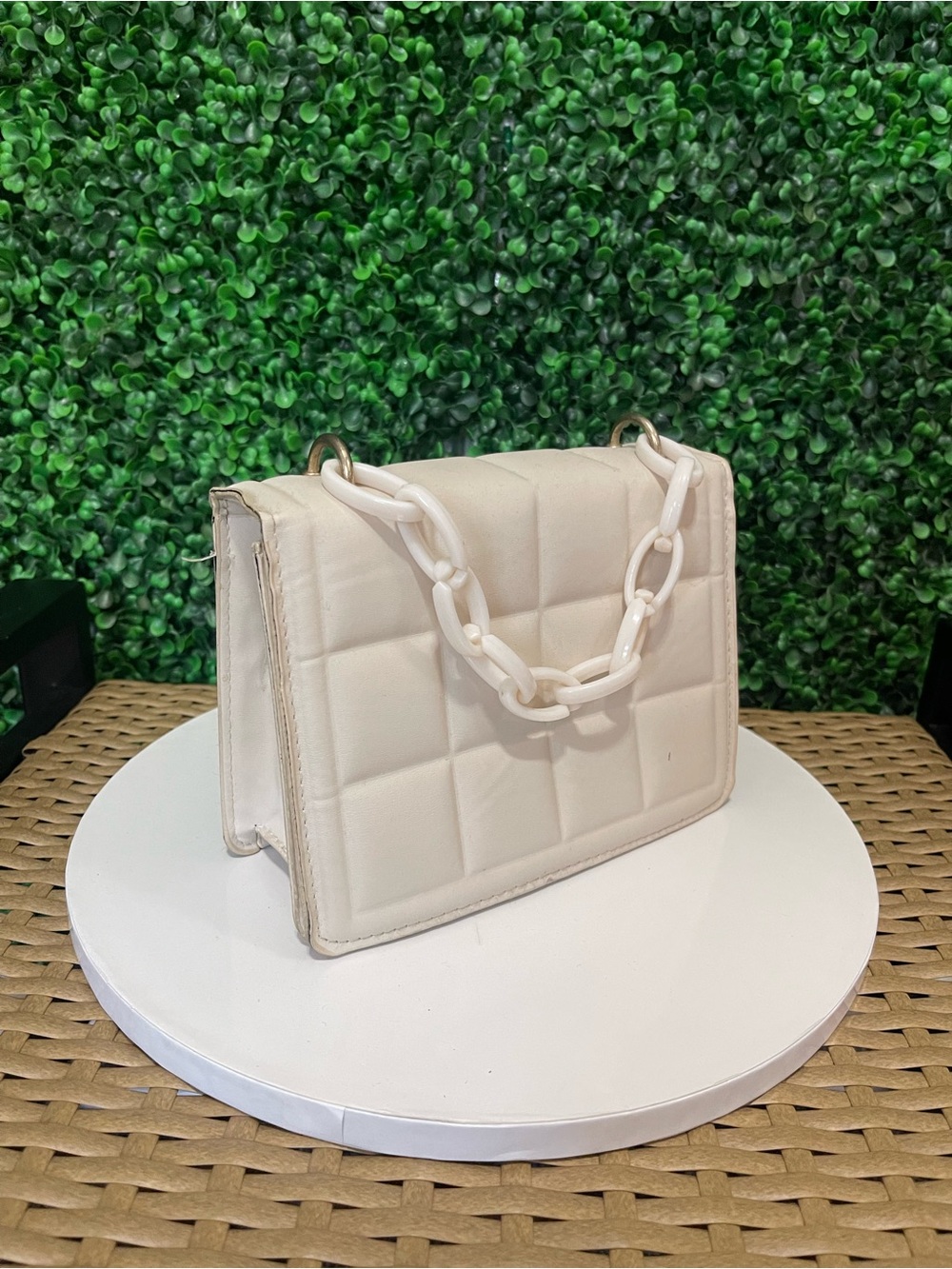 Cream Quilted Chain-Handle Shoulder Bag
